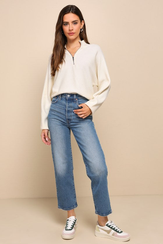 Cuddly Aesthetic Ivory Ribbed Quarter-Zip Pullover Sweater
