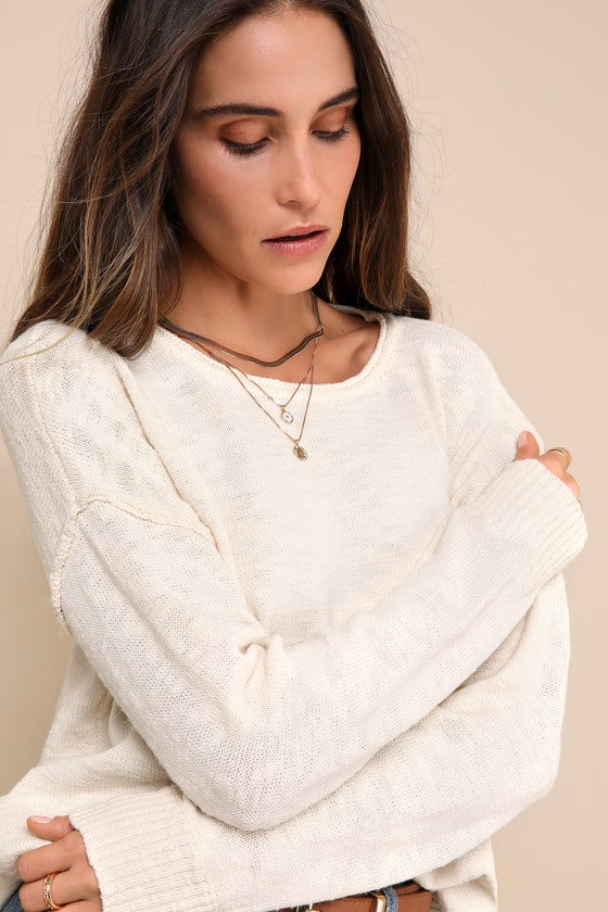 Timeless Perfection Cream Textured Crew Neck Pullover Sweater