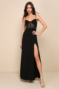 Sultry Mentality Black Mesh Bustier Sleeveless Maxi Dress