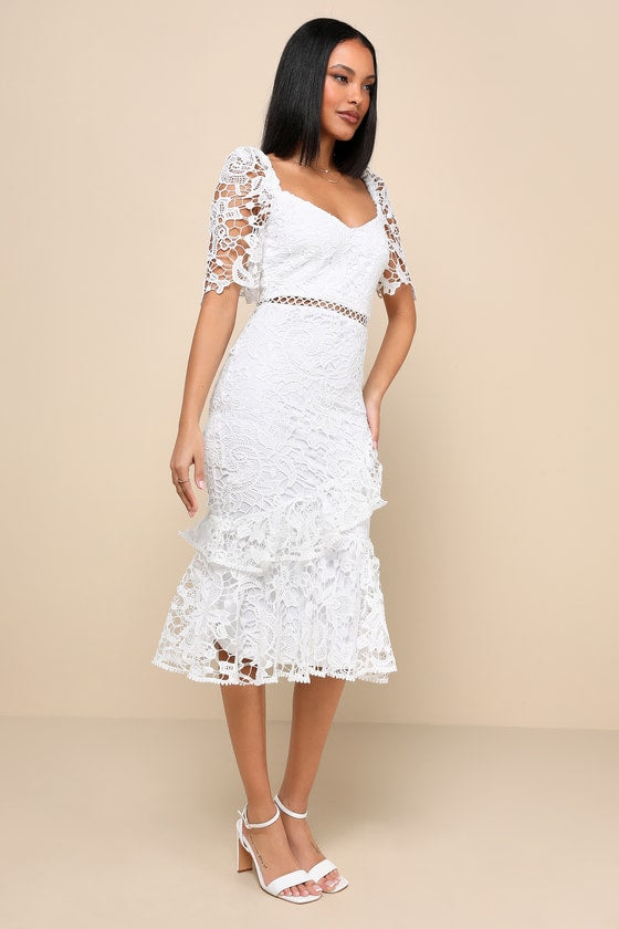 Briarwood White Lace Ruffled Midi Dress