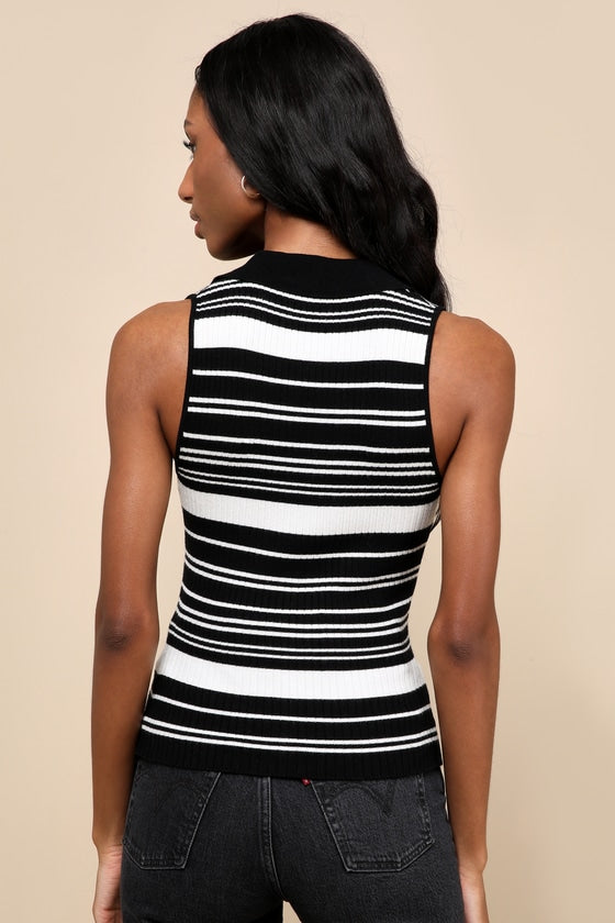 Posh Sensibility Black Striped Collared Sweater Tank Top