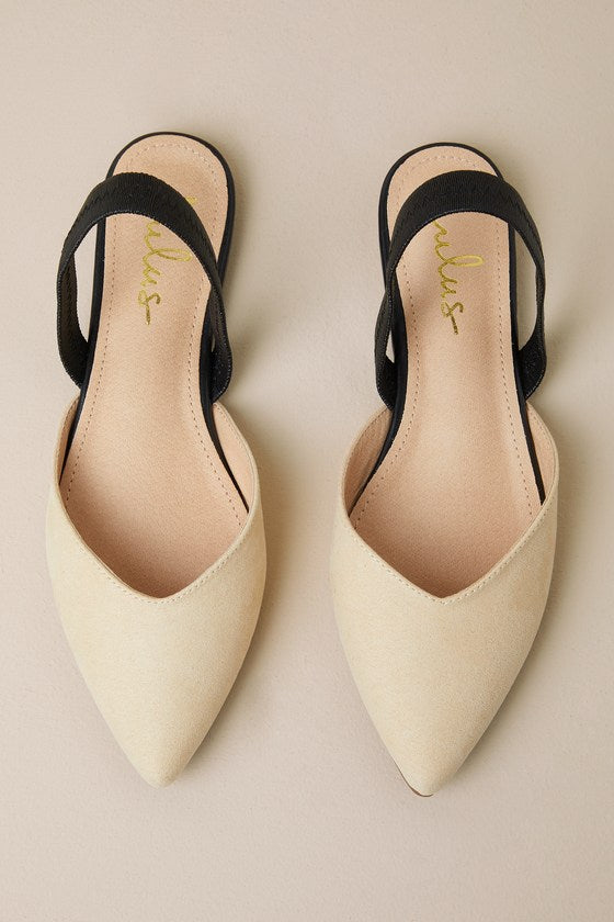Mae Beige and Black Suede Pointed-Toe Slingback Flats