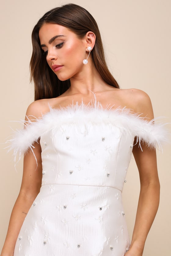 Charming Always Ivory Floral Jacquard Feather Mini Dress