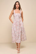 Darling Adoration Blush Pink Floral Midi Dress With Pockets