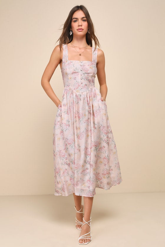 Darling Adoration Blush Pink Floral Midi Dress With Pockets