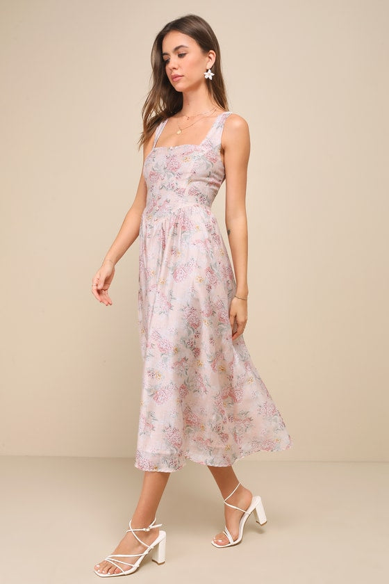 Darling Adoration Blush Pink Floral Midi Dress With Pockets