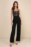 Eloquently Enticing Black and Beige Lace Bustier Jumpsuit