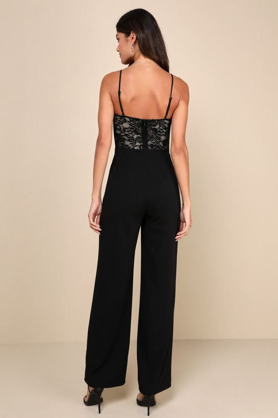Eloquently Enticing Black and Beige Lace Bustier Jumpsuit