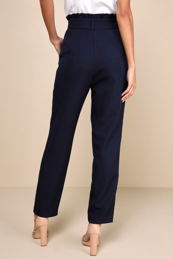Busy Babe Navy Blue Paperbag Waist Straight Leg Pants