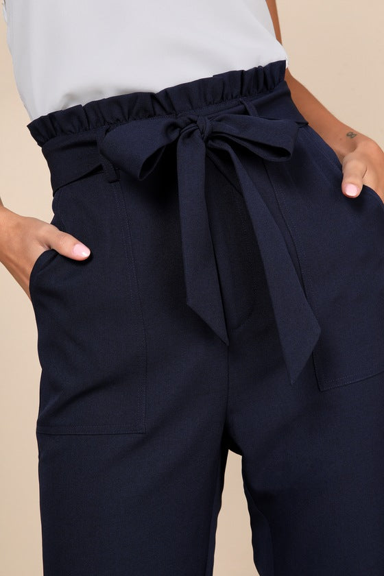 Busy Babe Navy Blue Paperbag Waist Straight Leg Pants