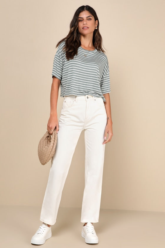 Natural Cutie Sage Green Striped Crew Neck Short Sleeve Top