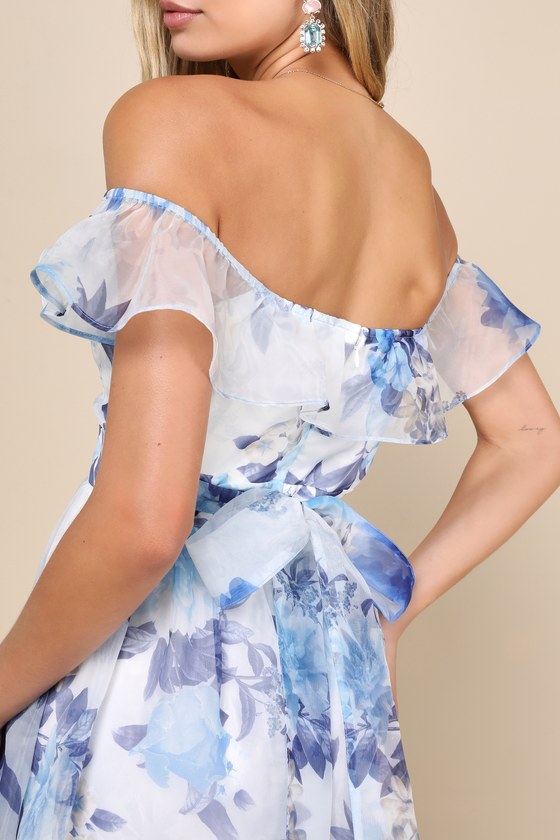 Sweet Composure White Floral Organza Off-the-Shoulder Midi Dress