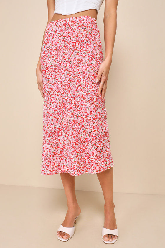 Up and Coming Cutie Coral Pink Floral Print Midi Skirt
