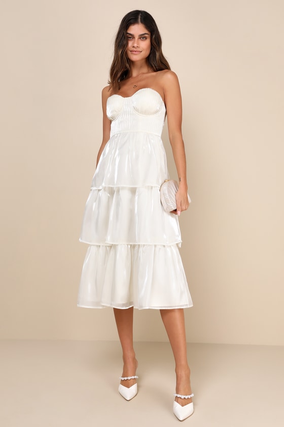 Com-pleat-ly Charming Ivory Organza Tiered Strapless Midi Dress