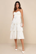 Com-pleat-ly Charming Ivory Organza Tiered Strapless Midi Dress