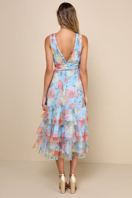 Perfectly Divine Blue Floral Tulle Tiered Ruffled Midi Dress
