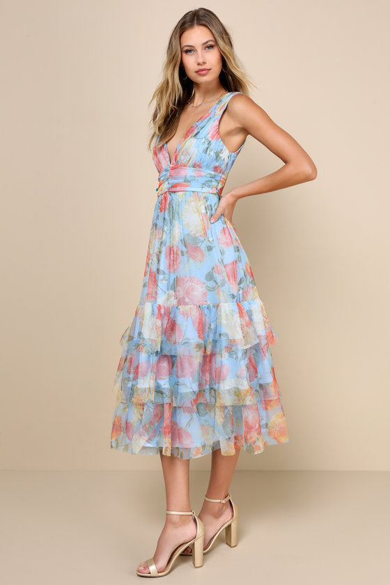 Perfectly Divine Blue Floral Tulle Tiered Ruffled Midi Dress