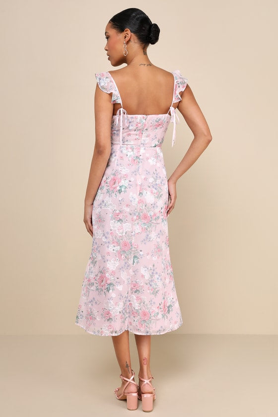 Delightful Direction Blush Floral Ruffled Tie-Strap Midi Dress