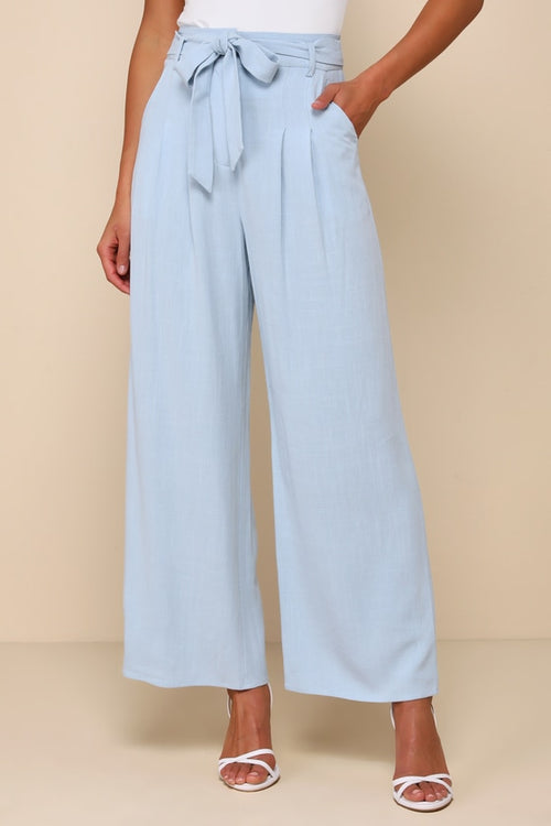 Trend Alert Light Blue Belted High-Waisted Wide-Leg Pants