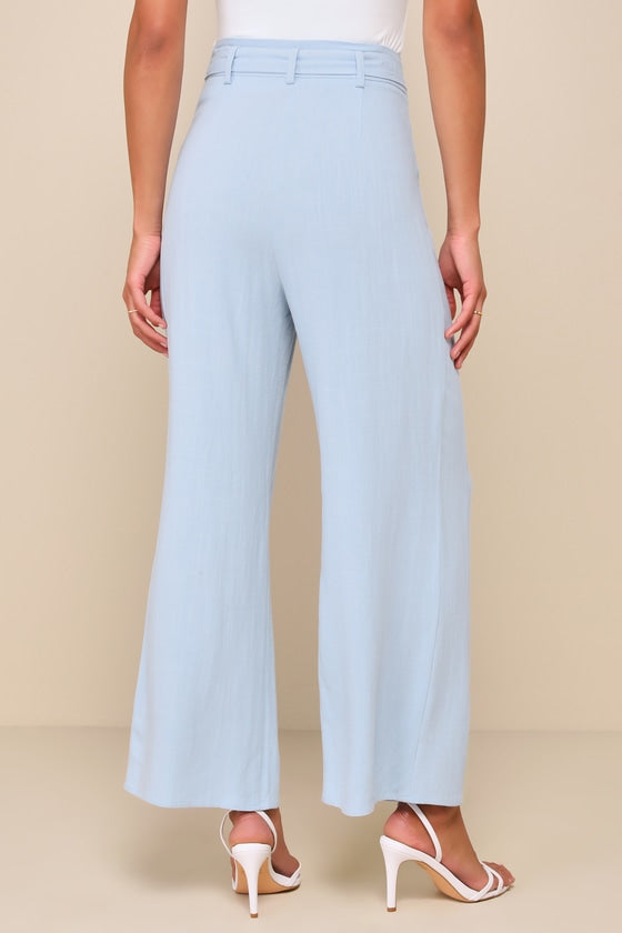 Trend Alert Light Blue Belted High-Waisted Wide-Leg Pants