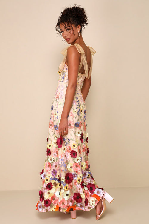 Thriving Poise Blush 3D Floral Embroidered Tie-Strap Maxi Dress