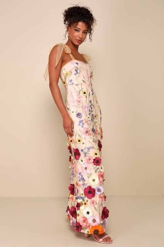 Thriving Poise Blush 3D Floral Embroidered Tie-Strap Maxi Dress