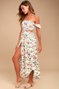 Easy on the Eyes Cream Floral Print Off-the-Shoulder Maxi Dress