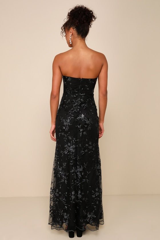 Confident Sensation Black Sequin Strapless Bustier Maxi Dress