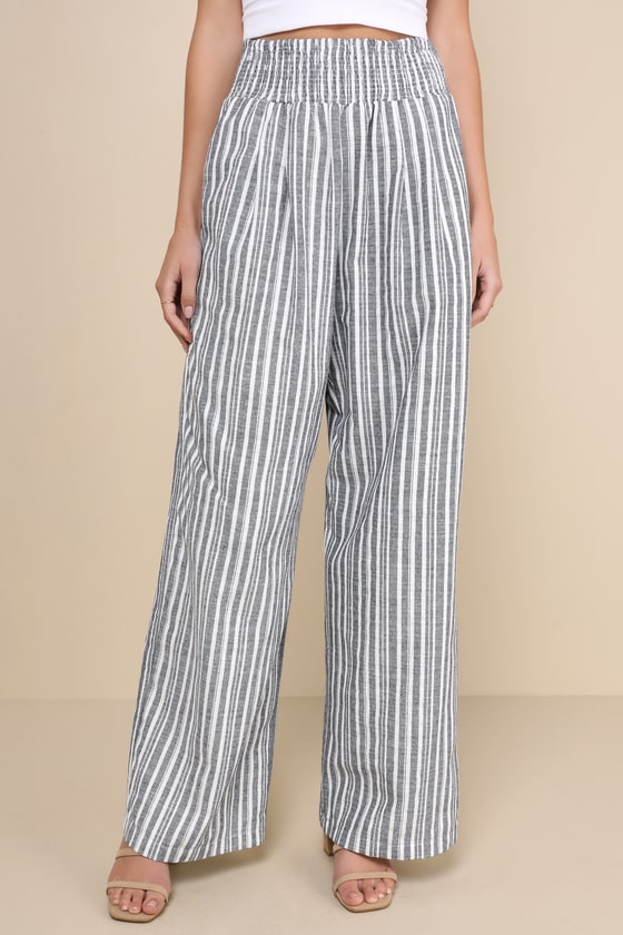 Breezy Getaway Blue and White Striped Linen Wide-Leg Pants