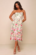 Endless Praise Beige Floral Embroidered Strapless Midi Dress