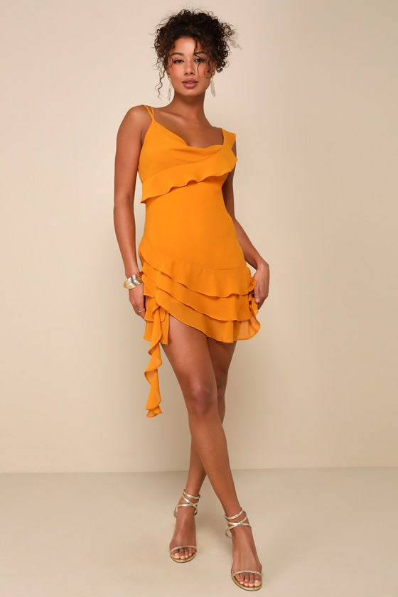 Alluring Presence Golden Yellow Ruffled Tiered Mini Dress