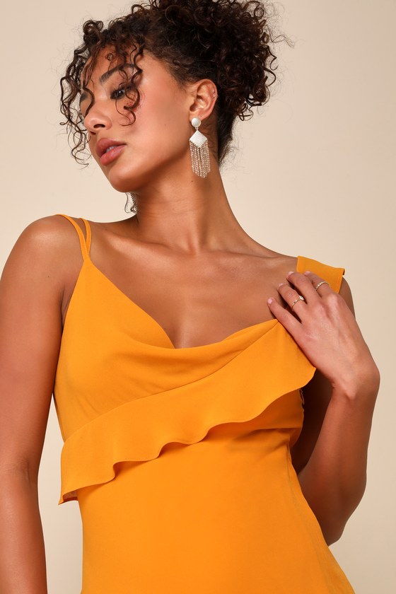 Alluring Presence Golden Yellow Ruffled Tiered Mini Dress