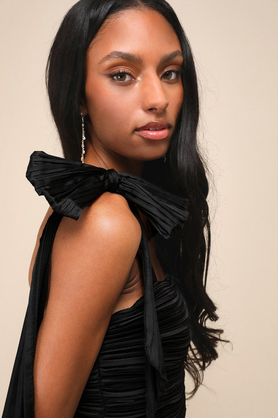Gorgeous Purpose Black Satin Pleated Sleeveless Bow Maxi Dress