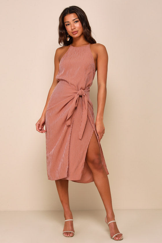 Amalfi Muse Rust Brown Striped Cutout Faux Wrap Midi Dress