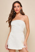 Charming Ideal Ivory Jacquard Organza Strapless Tie-Back Romper