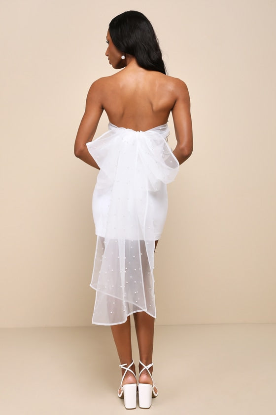 Flawless Entrance White Pearl Organza Bow Strapless Mini Dress