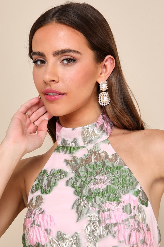 Extraordinary Impression Pink Floral Jacquard Halter Mini Dress