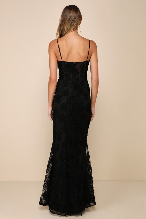 Sultry Direction Black Floral Lace Sheer Bustier Maxi Dress