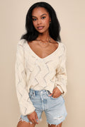 Cute Lifestyle Cream Pointelle Knit V-Neck Sweater Top