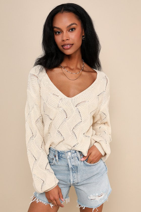 Cute Lifestyle Cream Pointelle Knit V-Neck Sweater Top
