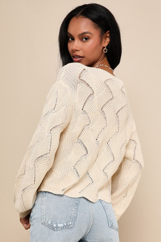 Cute Lifestyle Cream Pointelle Knit V-Neck Sweater Top
