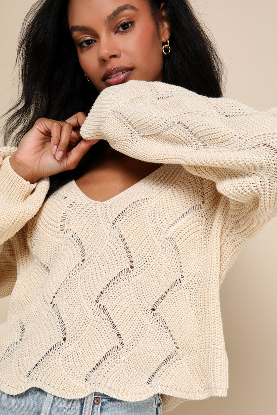 Cute Lifestyle Cream Pointelle Knit V-Neck Sweater Top