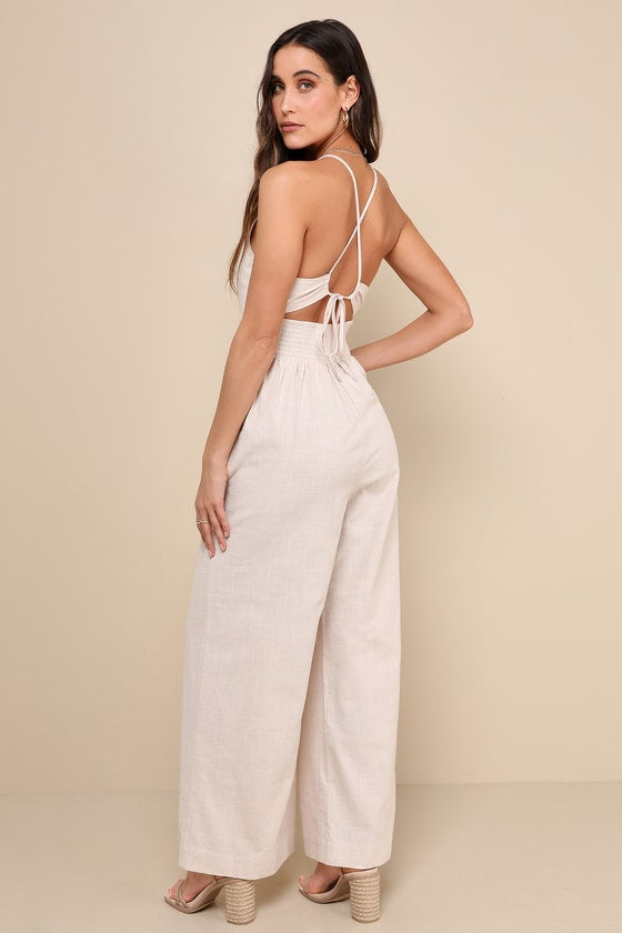 Covetable Vibe Beige Linen Lace-Up Backless Wide-Leg Jumpsuit