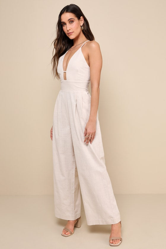 Covetable Vibe Beige Linen Lace-Up Backless Wide-Leg Jumpsuit