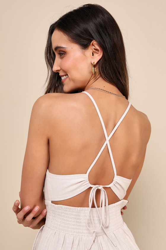 Covetable Vibe Beige Linen Lace-Up Backless Wide-Leg Jumpsuit