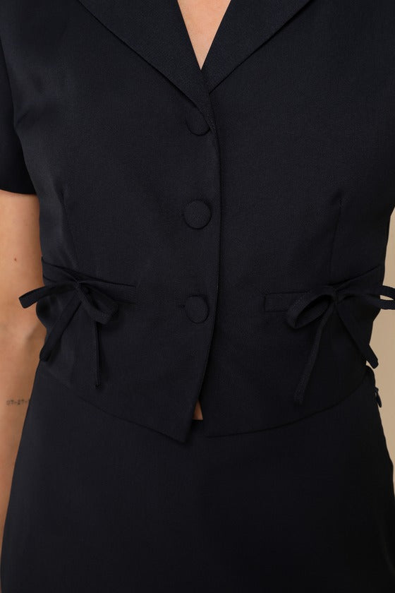 Confident Perfection Navy Blue Twill Collared Button-Up Bow Top