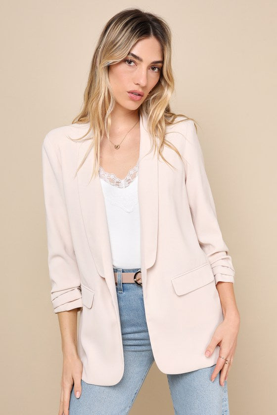 Superior Aesthetic Beige Three-Quarter Sleeve Ruched Blazer