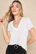 Adyn Ivory and Heather Grey Striped V-Neck Short Sleeve Tee