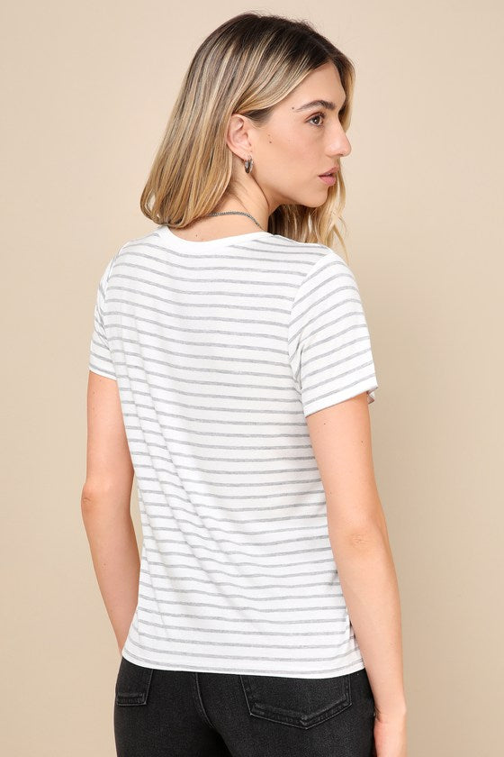 Adyn Ivory and Heather Grey Striped V-Neck Short Sleeve Tee