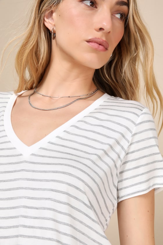 Adyn Ivory and Heather Grey Striped V-Neck Short Sleeve Tee